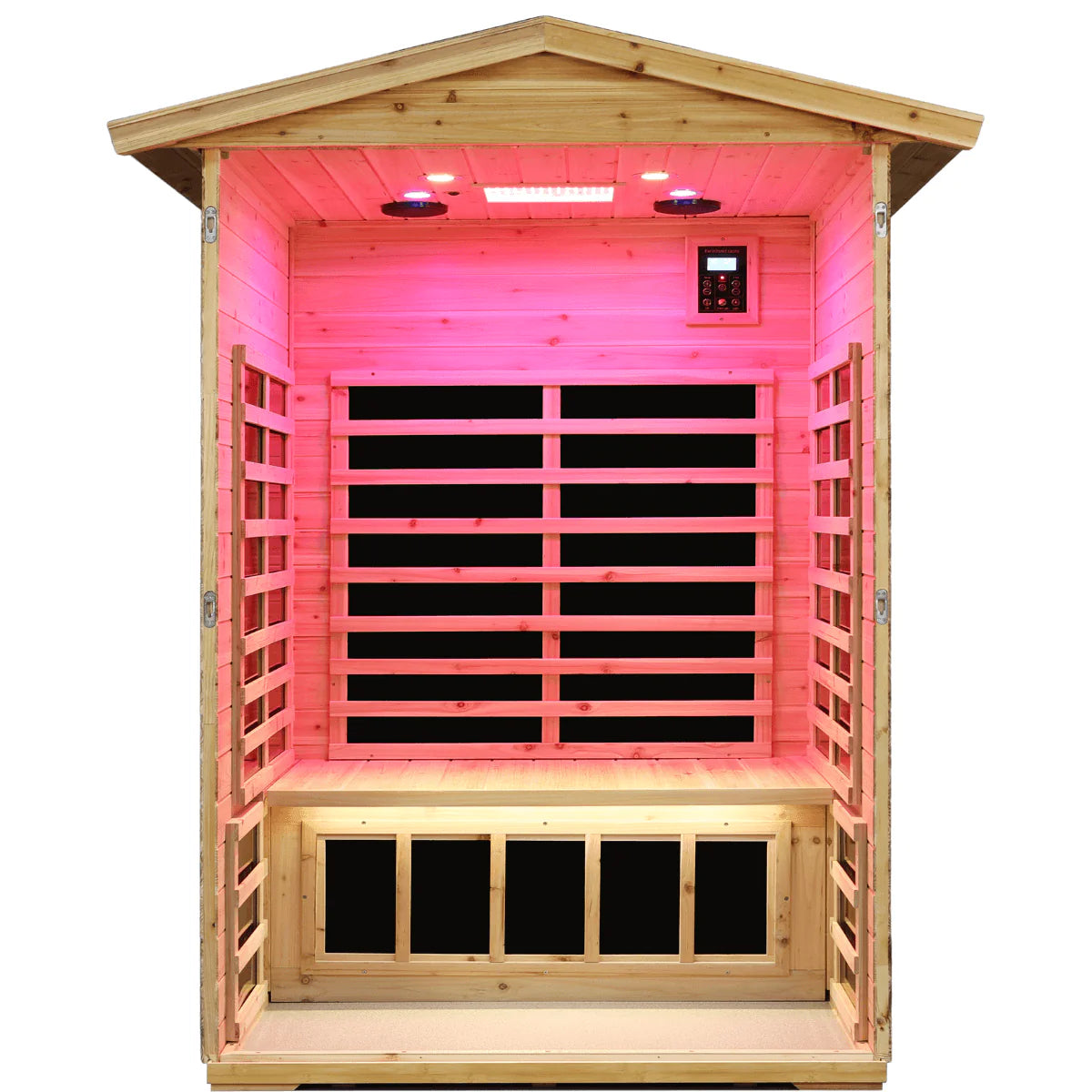 Wooden sauna with pink interior lighting on a white background.