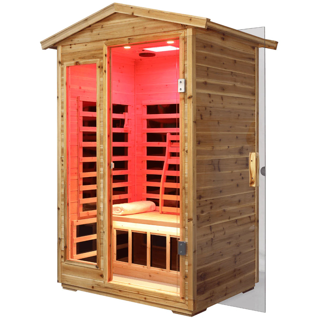 A side view of a 2-person recovery sauna retreat with red light therapy.