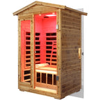 A side view of a 2-person recovery sauna retreat with red light therapy.