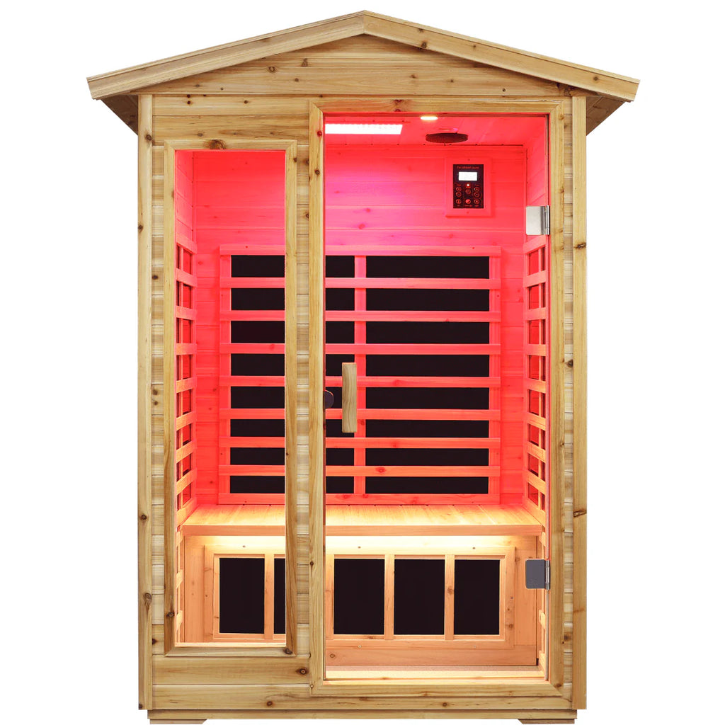 Wooden infrared sauna with red interior light on a white background.