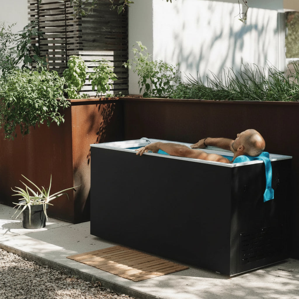 Person lying in a modern outdoor plunge with plants and a wooden deck in the background.