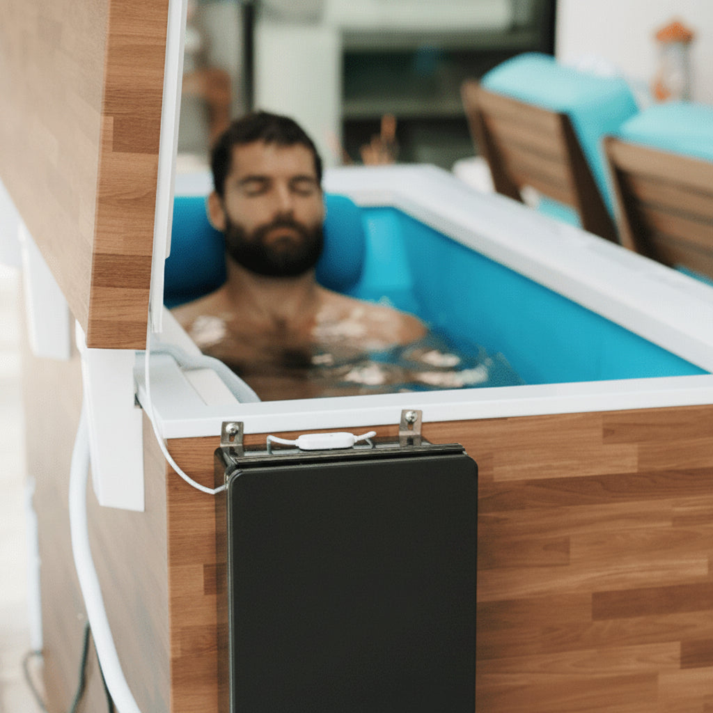 Person in a wooden cold plunge with cooling unit.