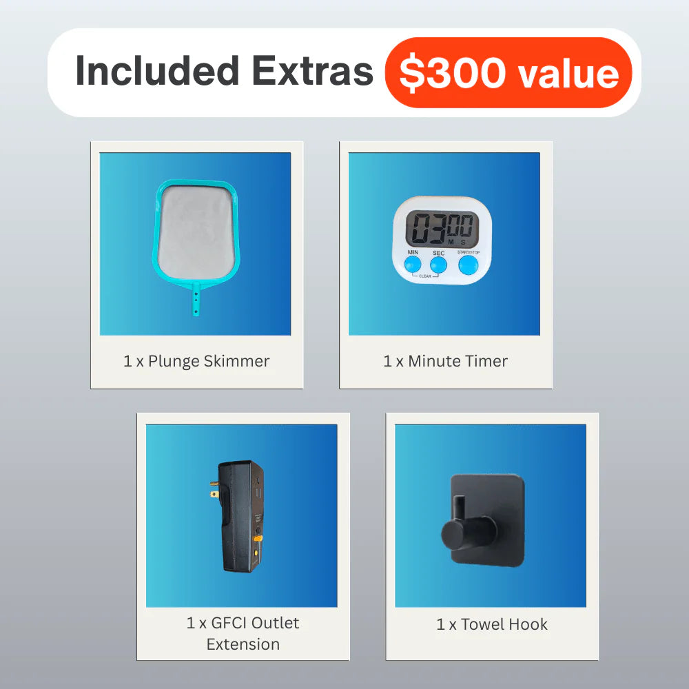 Set of included extras with a plunge skimmer, minute timer, GFCI outlet extension, and towel hook on a gray background.
