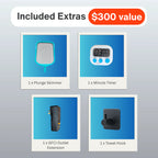 Set of included extras with a plunge skimmer, minute timer, GFCI outlet extension, and towel hook on a gray background.