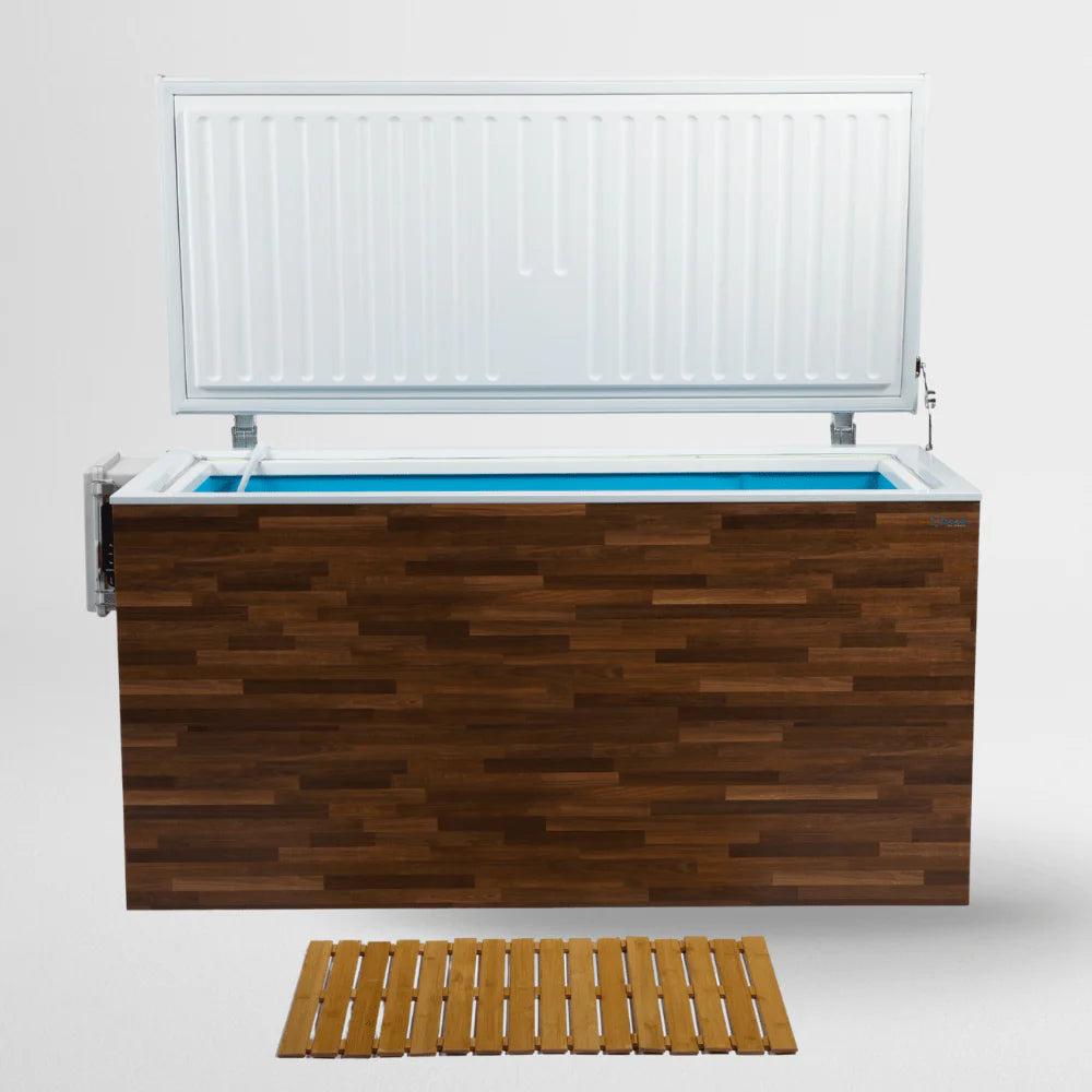 A wooden cold plunge with a lid, featuring a wooden mat on a white background.