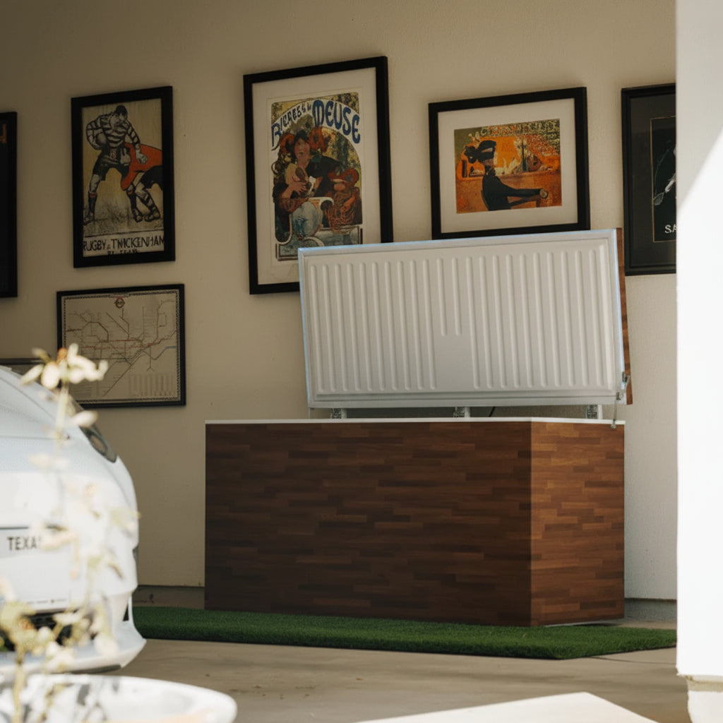 Modern plunge with decorative wall art in a home setting.