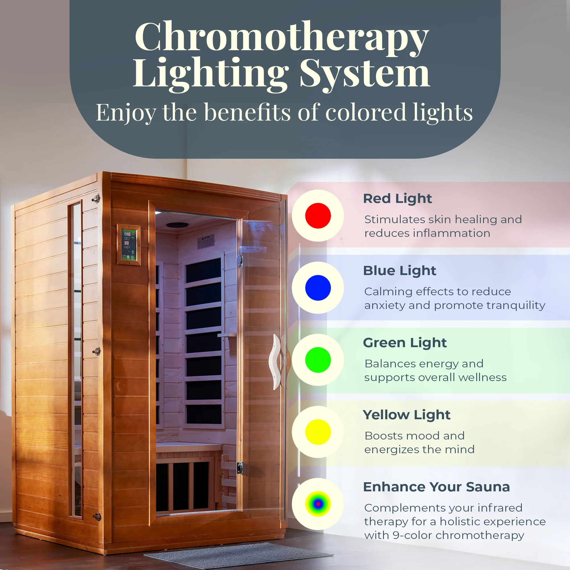 Infrared sauna with chromotherapy lighting system features and benefits.