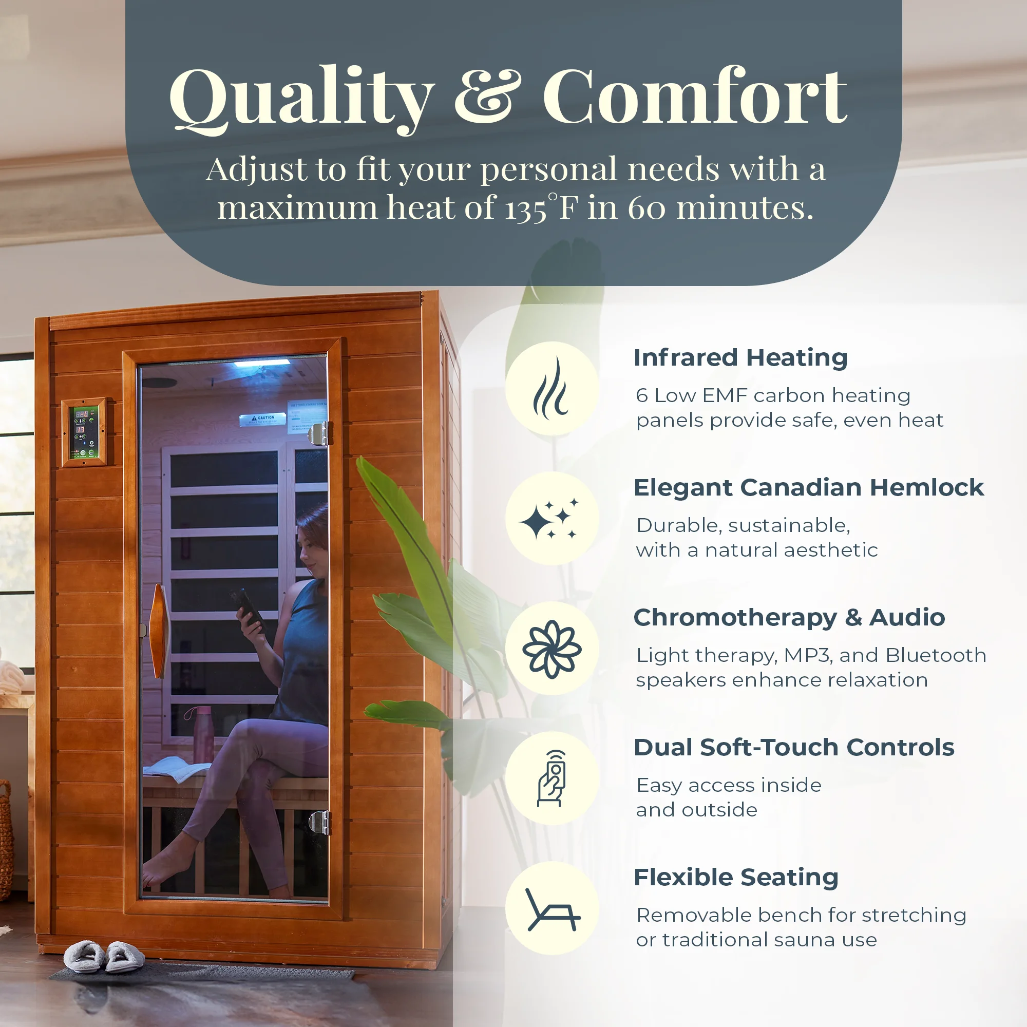 Infrared sauna with features listed on the right, including infrared heating, Canadian Hemlock wood, chromotherapy, audio, controls, and seating.