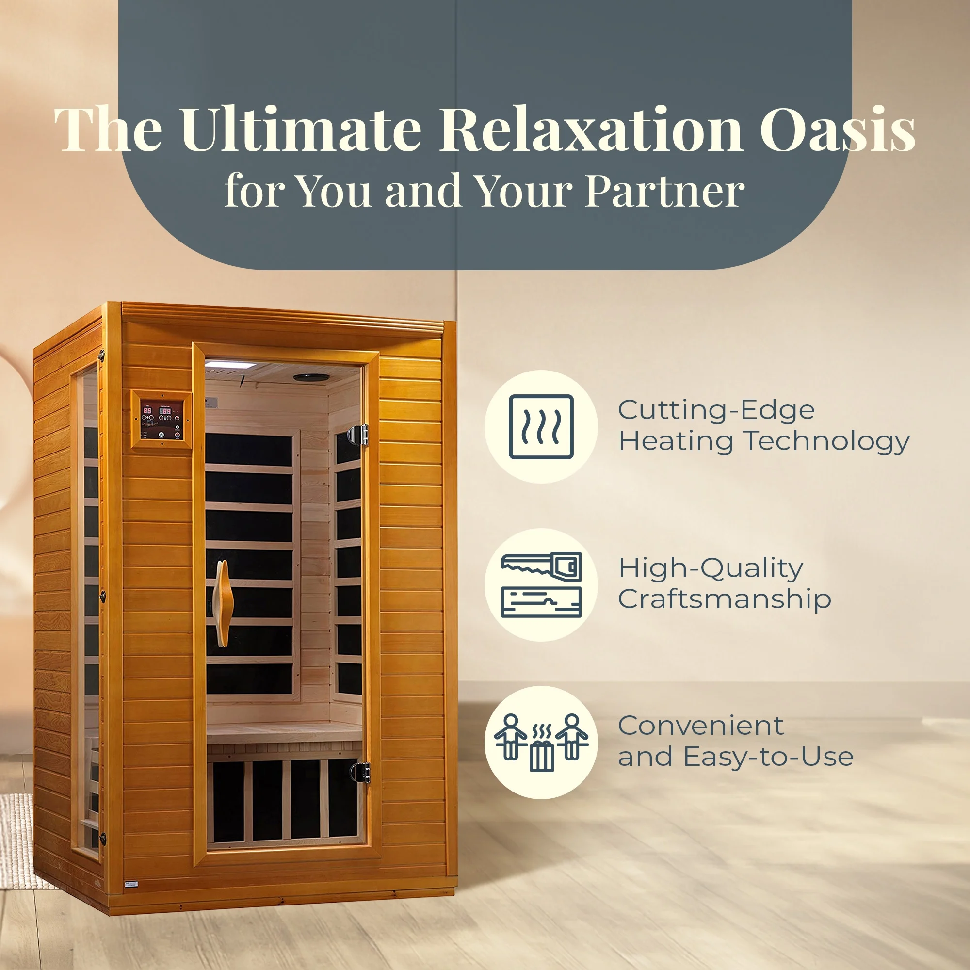 Infrared sauna with text highlighting features on a beige background.