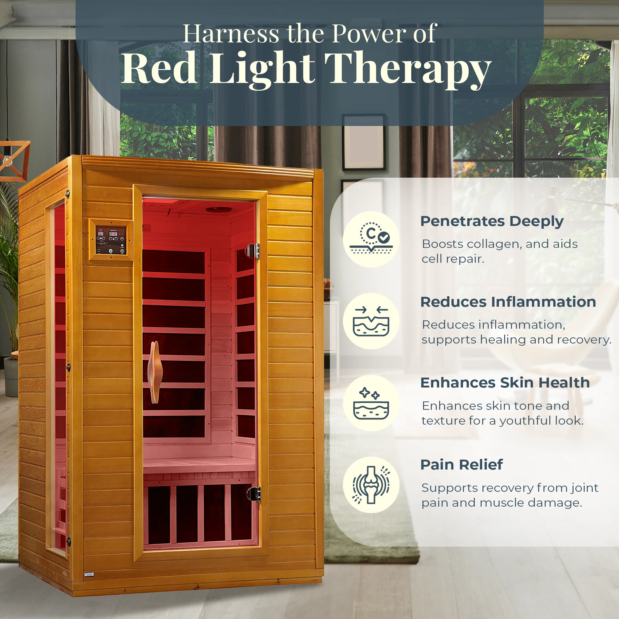 Wooden infrared sauna with red light therapy benefits displayed on a white background.