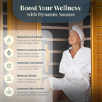 Woman in a white robe sitting in a sauna with wellness benefits listed.