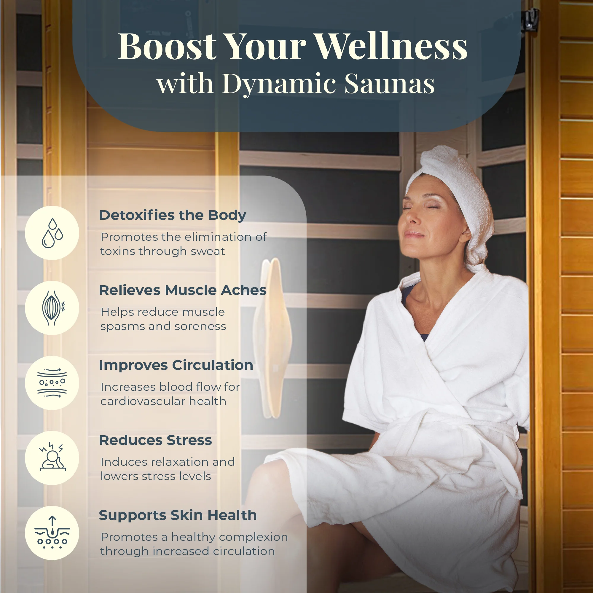 Woman in a white robe sitting in a sauna with wellness benefits listed.