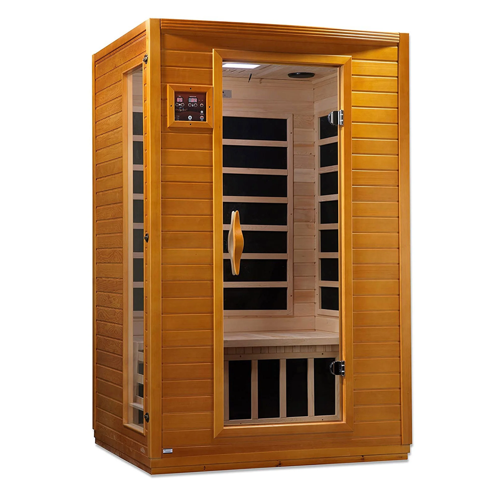 Wooden sauna with glass door on a white background.