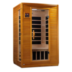 Wooden sauna with glass door on a white background.
