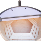 Wooden hot tub with transparent cover on a white background.