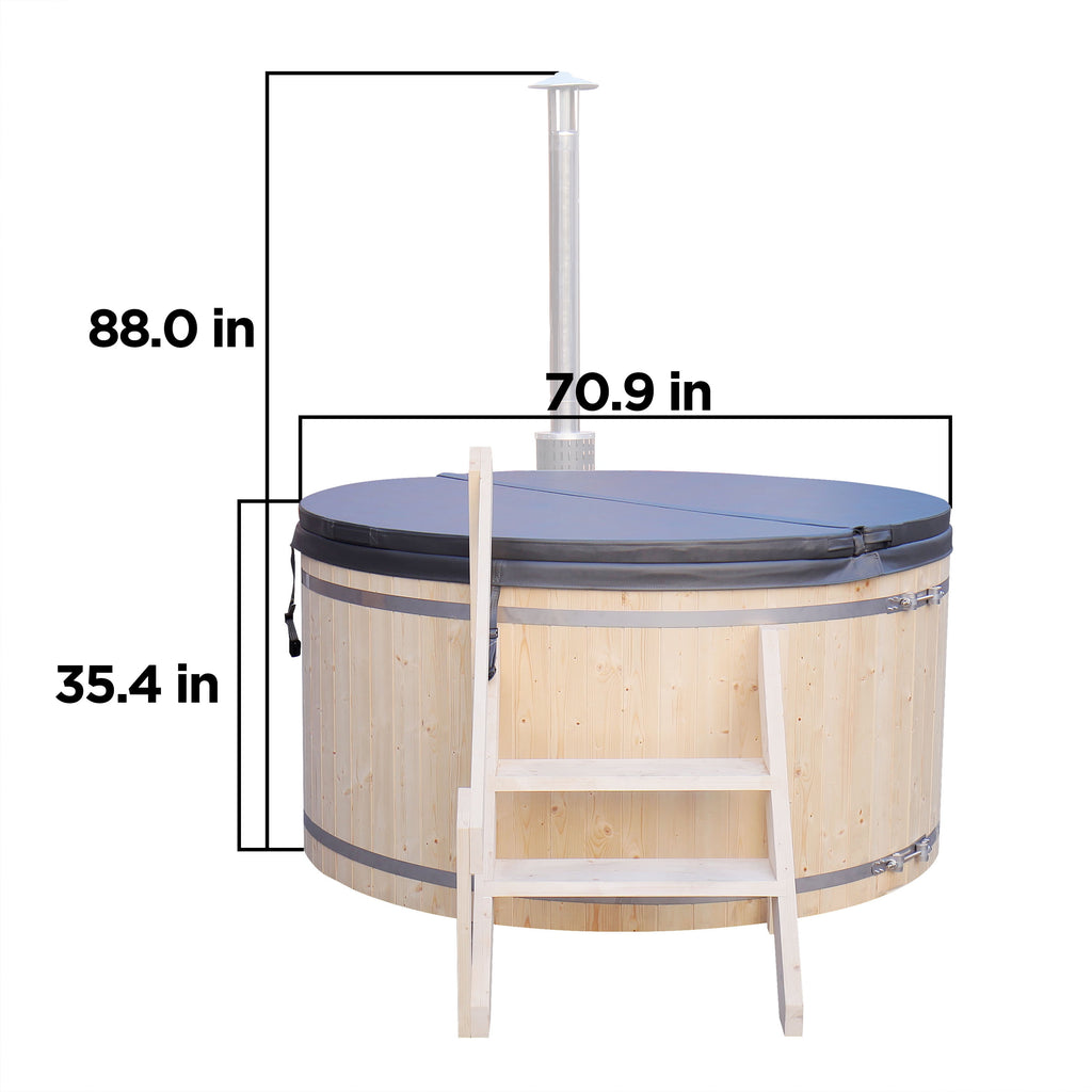 Wooden hot tub with dimensions labeled on a white background.