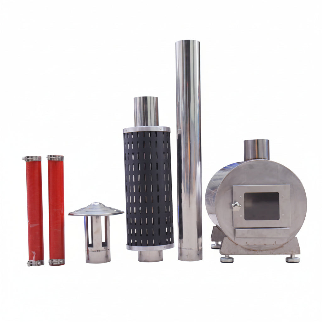 Collection of metal cylindrical products on a white background.