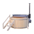 Wooden hot tub with a chimney on a white background.
