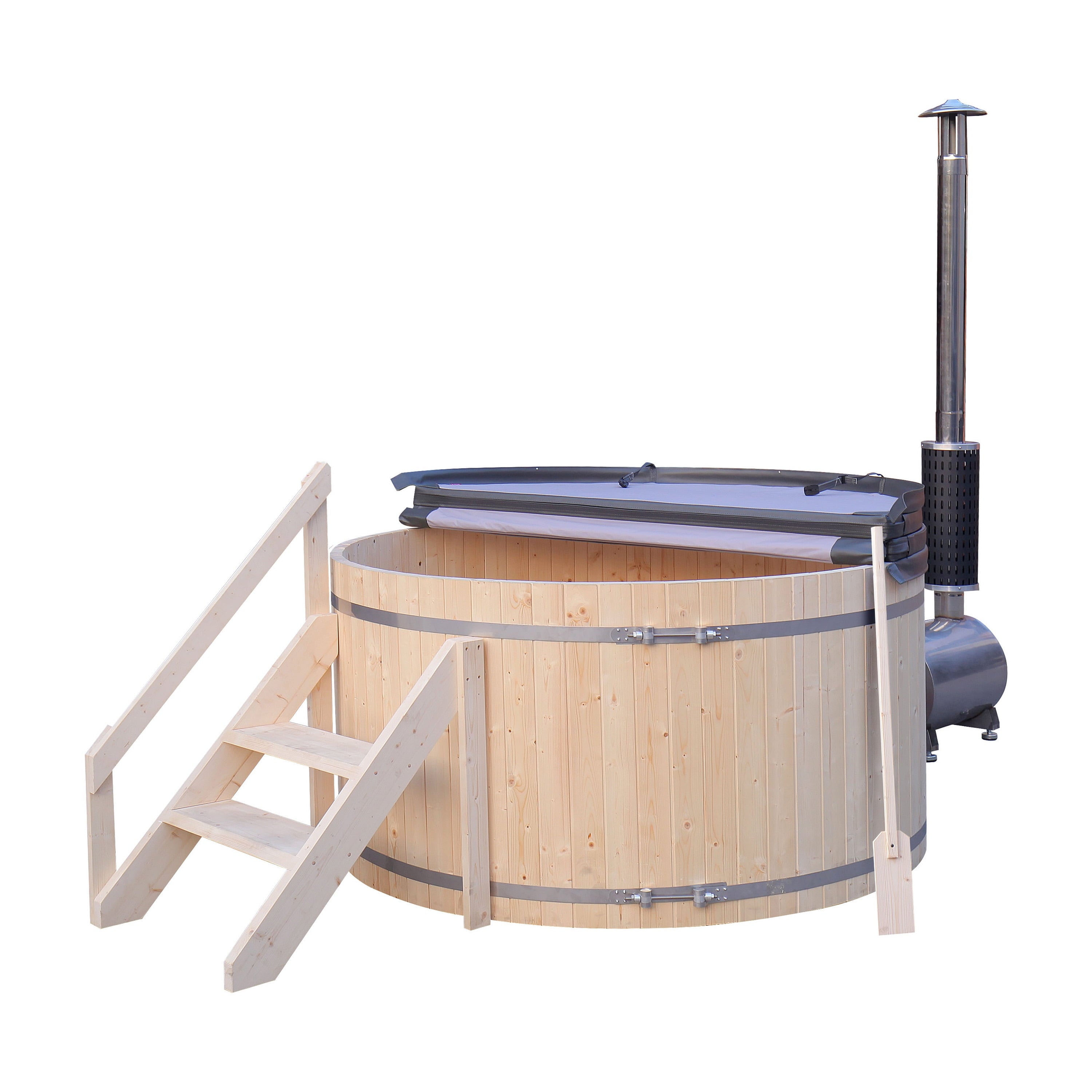 Wooden hot tub with a chimney on a white background.