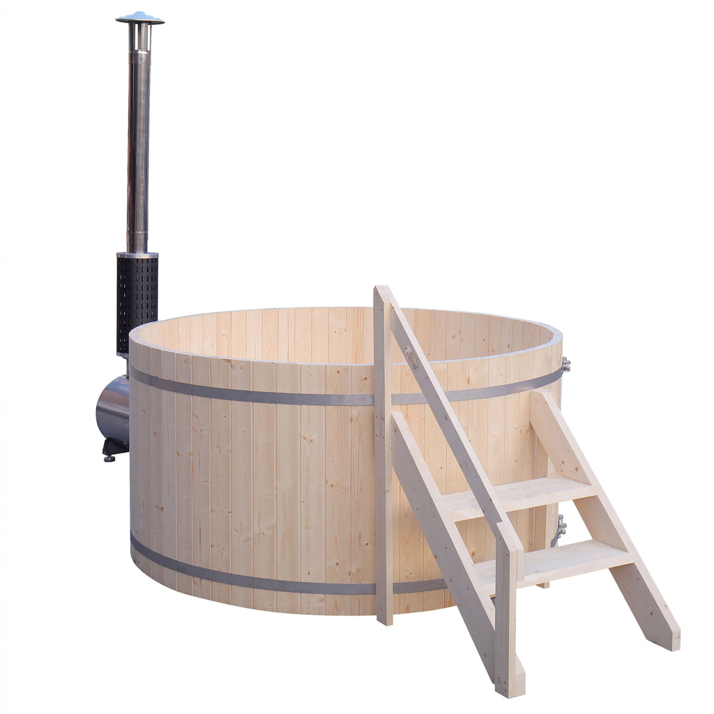 Wooden hot tub with ladder on a white background.