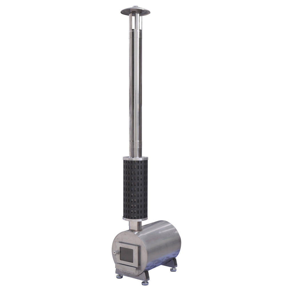 Stainless steel patio heater on a white background.